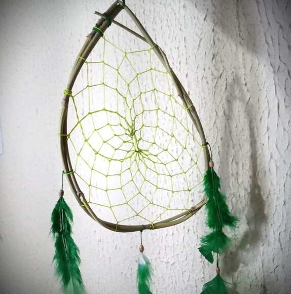 Filtro dos Sonhos de Cipó, Penas Verdes, Artesanal
