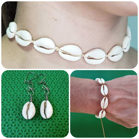 Kit Acessórios de Búzios, Pulseira, Brincos e Gargantilha
