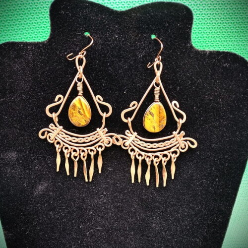Brinco Filigrana, Cobre, Artesanal, Olho de Tigre