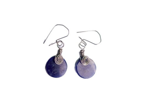Brinco Pedra Sodalita Natural, Artesanal, Aço Inox