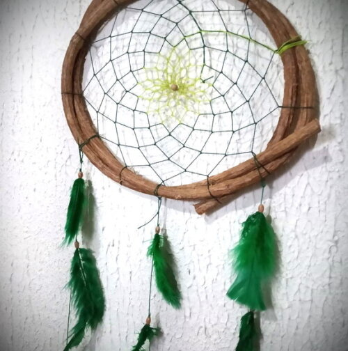 Filtro dos Sonhos de Cipó, Penas Verdes, Artesanal