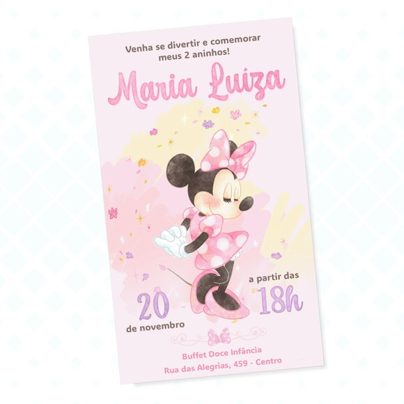 Convite Animado Minnie Rosa Aquarela