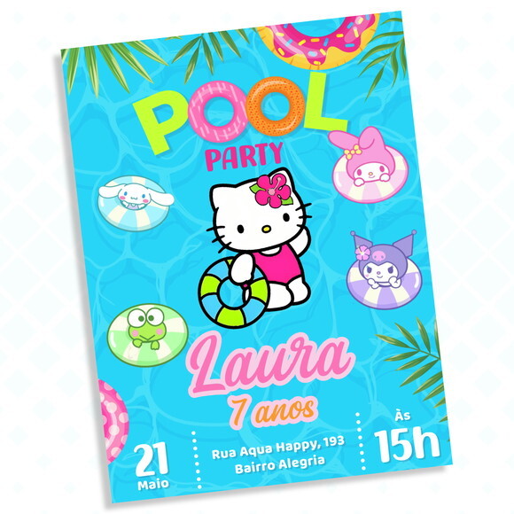 Convite Digital Hello Kitty Pool Party