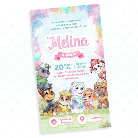 Convite Interativo Patrulha Canina Rosa Aquarela