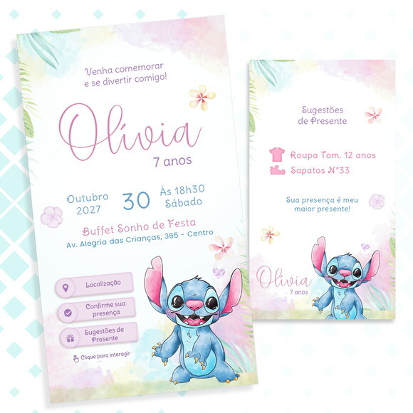 Convite Interativo Stitch Aquarela Candy Colors