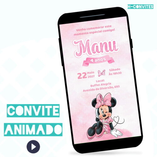 Convite Animado Minnie Rosa Aquarela