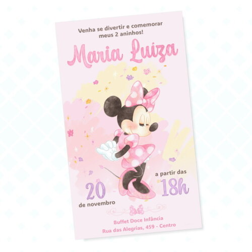 Convite Animado Minnie Rosa Aquarela