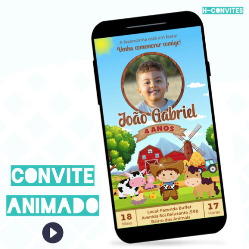 Convite Animado Fazendinha Menino
