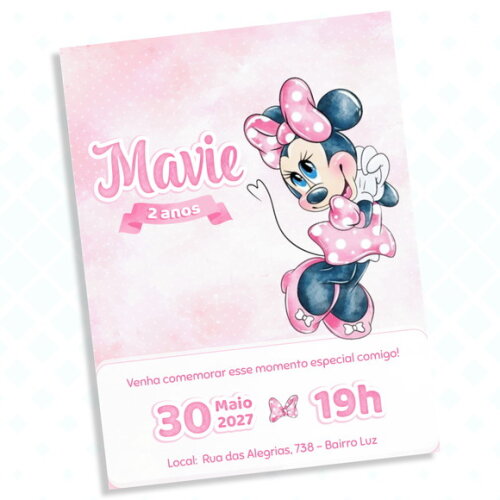 Convite Digital Minnie Rosa Aquarela