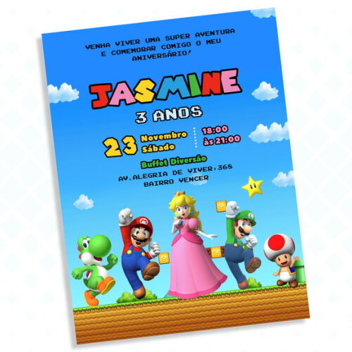 Convite Digital Super Mario Rosa Menina