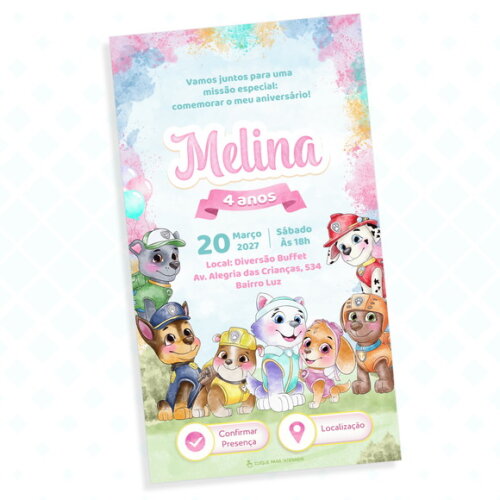 Convite Interativo Patrulha Canina Rosa Aquarela