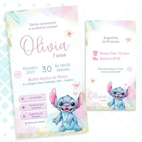 Convite Interativo Stitch Aquarela Candy Colors