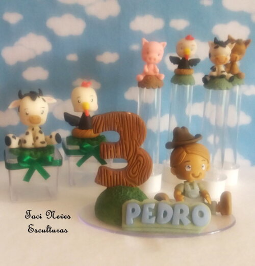 Kit 20 tubetes lembrancinha e topo de bolo fazendinha menino