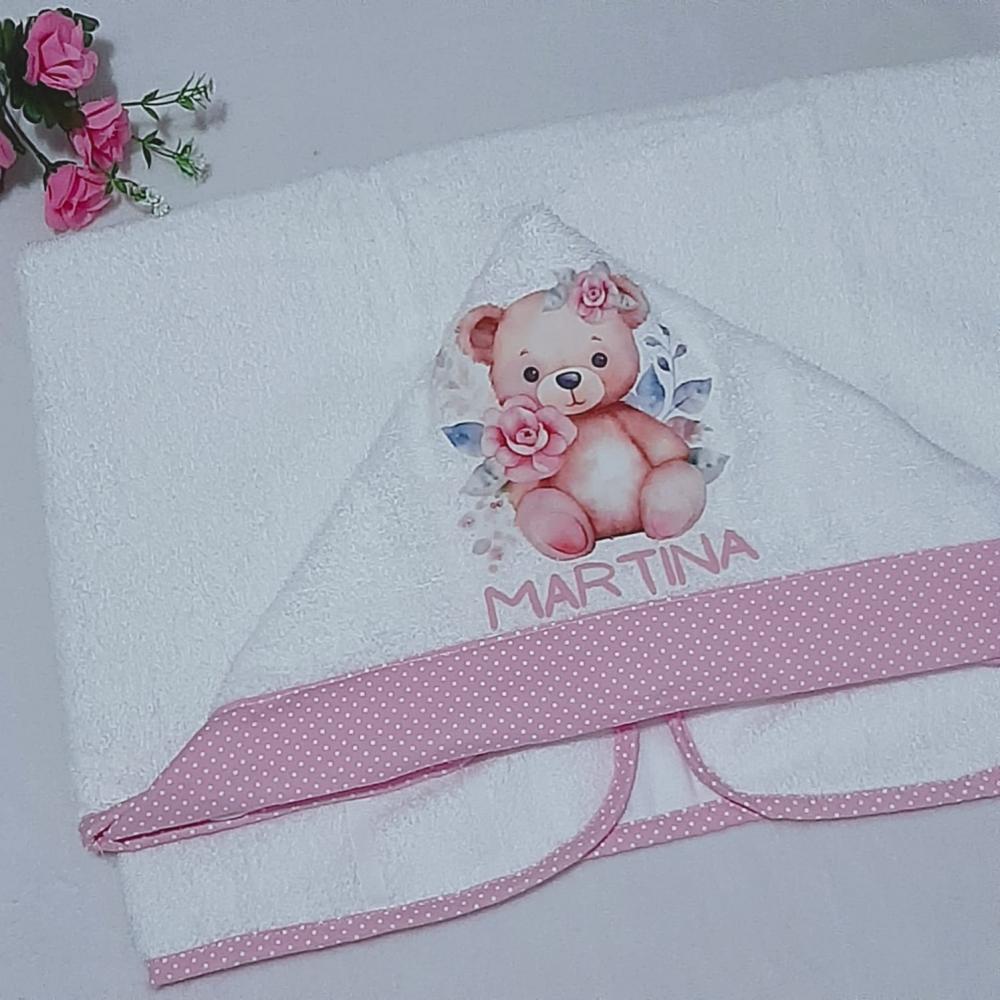 Toalha de banho com capuz para bebê e babita Ursinha Rosa