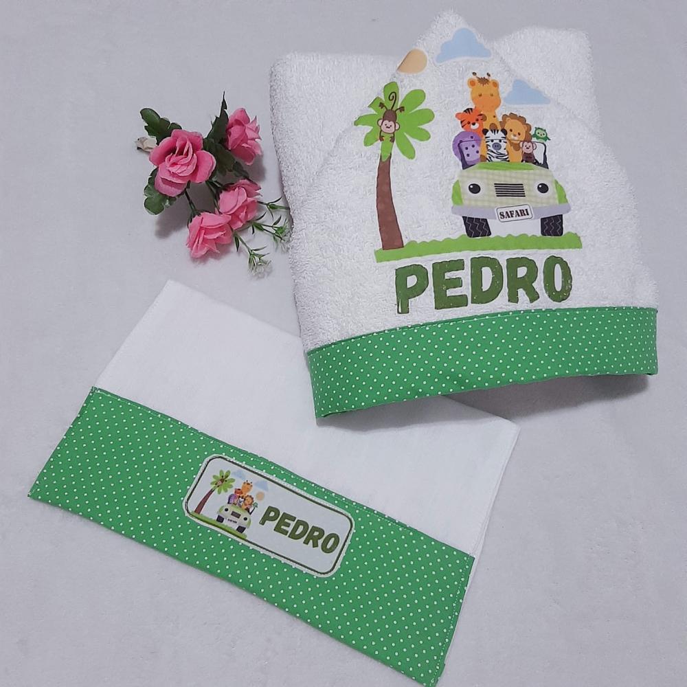 Toalha de banho com capuz para bebê e babita Safari Verde