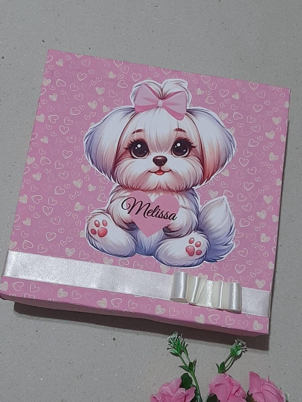 Caixinha Personalizada Cachorrinho Fofo com Body e Laço de Cabel