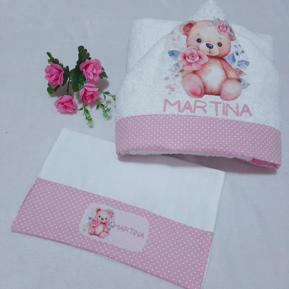 Toalha de banho com capuz para bebê e babita Ursinha Rosa