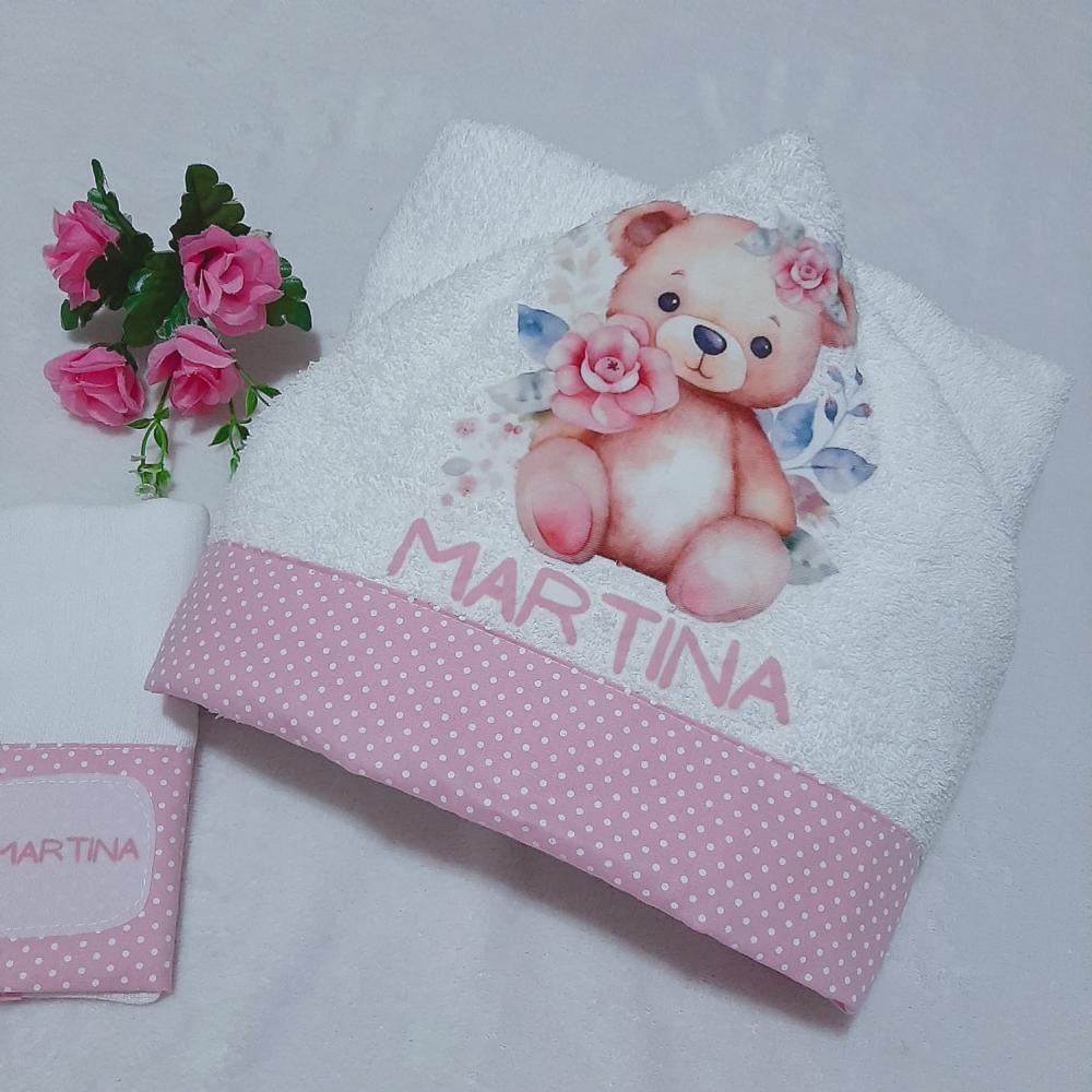 Toalha de banho com capuz para bebê e babita Ursinha Rosa