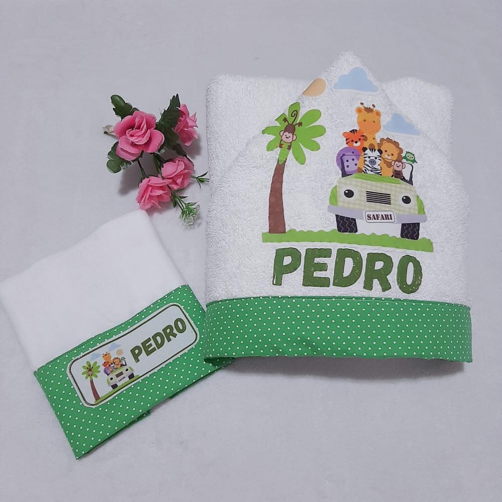 Toalha de banho com capuz para bebê e babita Safari Verde