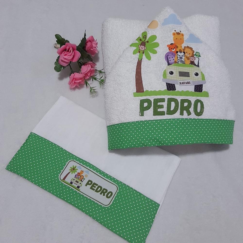 Toalha de banho com capuz para bebê e babita Safari Verde