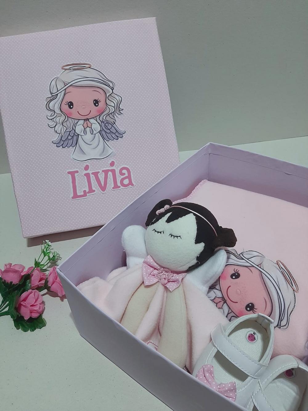 Caixa Presente Personalizada Bebê Anjo - manta, sapatinho e nani
