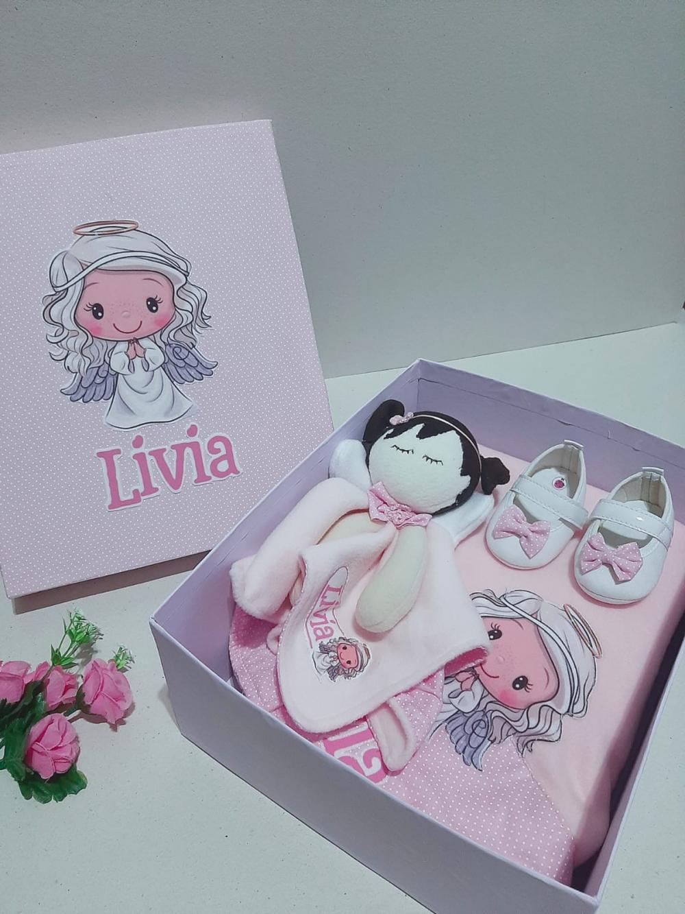 Caixa Presente Personalizada Bebê Anjo - manta, sapatinho e nani