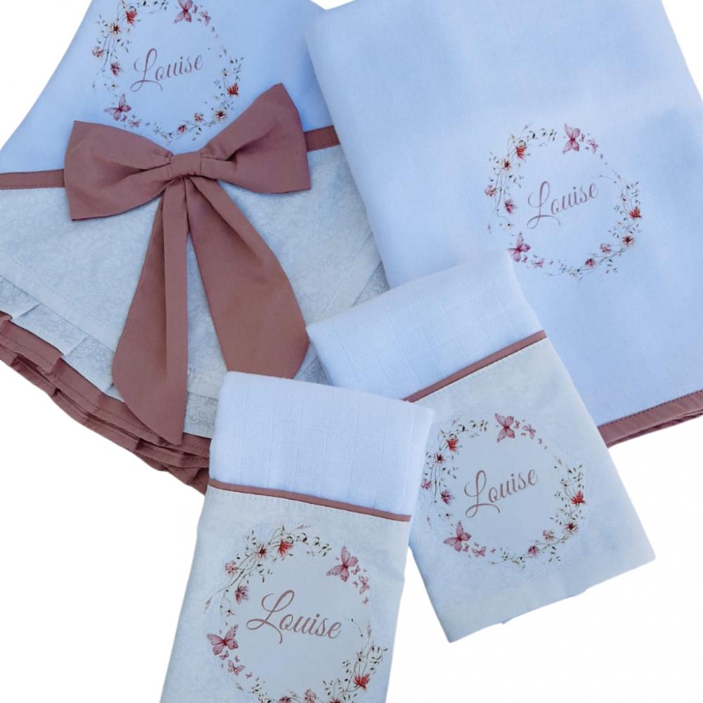 Kit Bebê Personalizado - Manta e Cueiro Flanelados e 2 Toalhinha