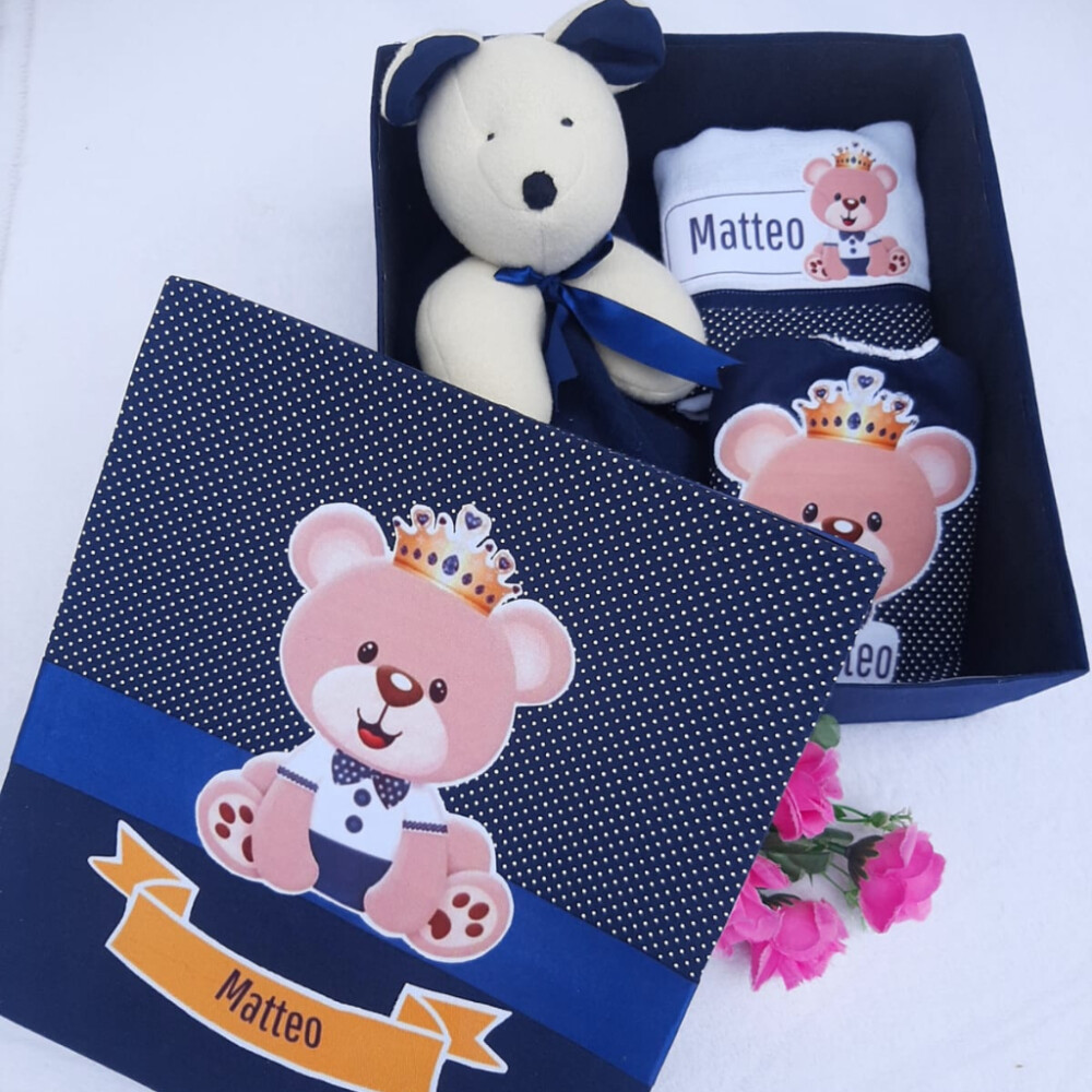 Caixinha Presente Bebê - Personalizada - Naninha urso, babeiro e