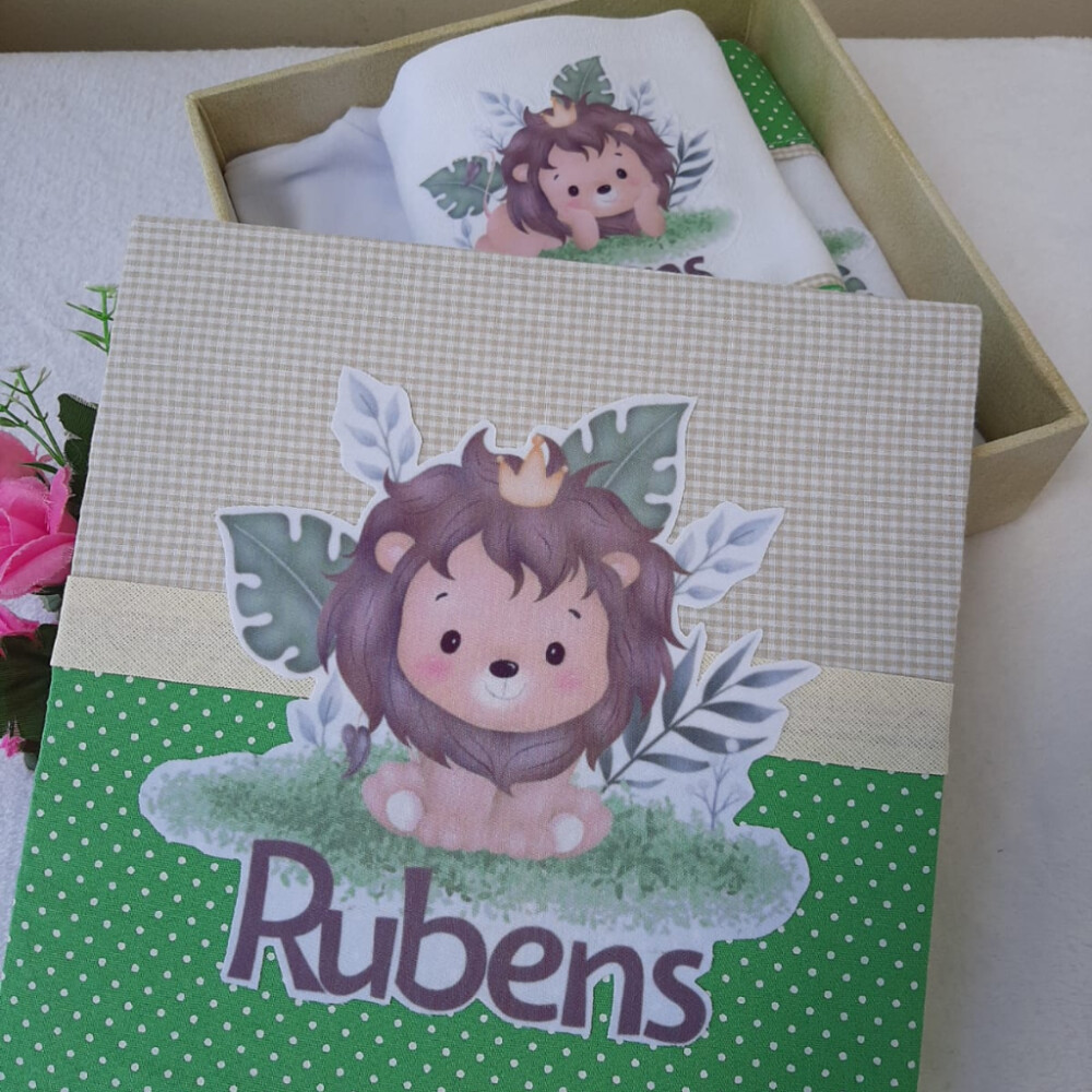 Caixinha Presente Bebê Personalizada - Body e babita Leãozinho