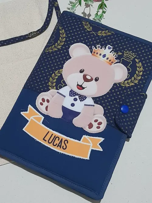 Capa para Caderneta de Vacinação e Porta Documentos do Bebê Ursinho com Coroa