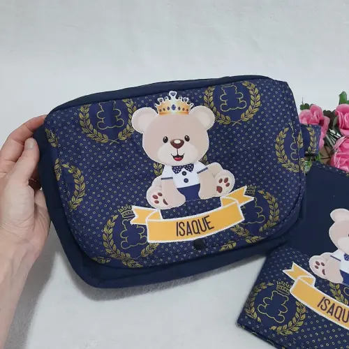 Necessaire Porta-fraldas e capa para caderneta de vacinação Ursinho com Coroa
