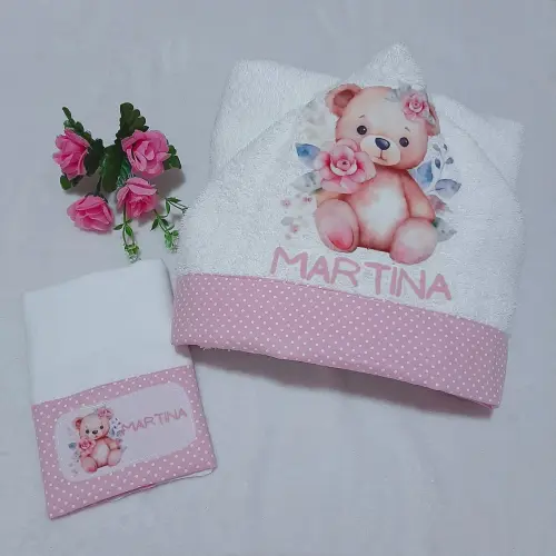 Toalha de banho com capuz para bebê e babita Ursinha Rosa
