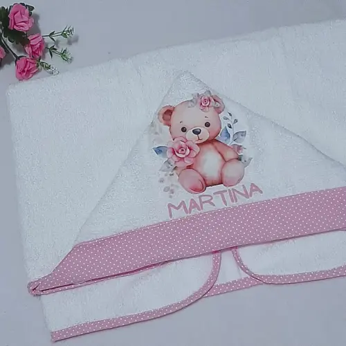 Toalha de banho com capuz para bebê Ursinha Rosa