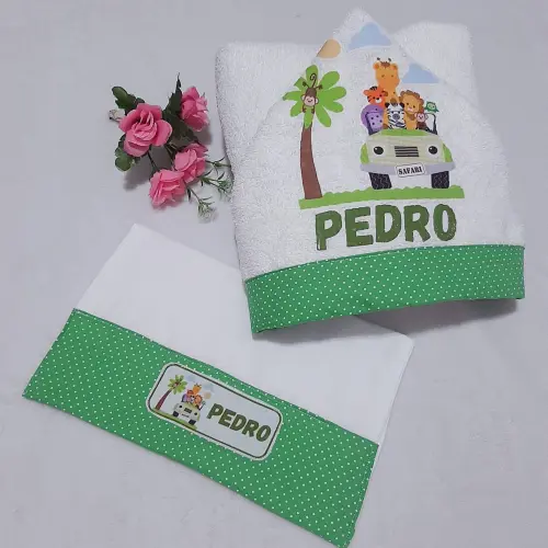 Toalha de banho com capuz para bebê e babita Safari Verde
