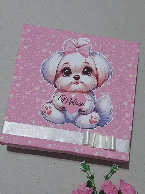 Caixinha Personalizada Cachorrinho Fofo com Body e Laço de Cabel