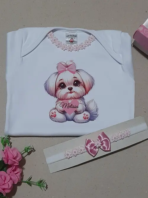 Caixinha Personalizada Cachorrinho Fofo com Body e Laço de Cabel