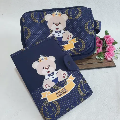 Necessaire Porta-fraldas e capa para caderneta de vacinação Ursinho com Coroa