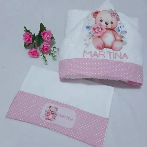 Toalha de banho com capuz para bebê e babita Ursinha Rosa