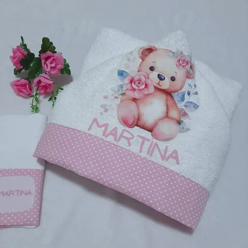 Toalha de banho com capuz para bebê e babita Ursinha Rosa