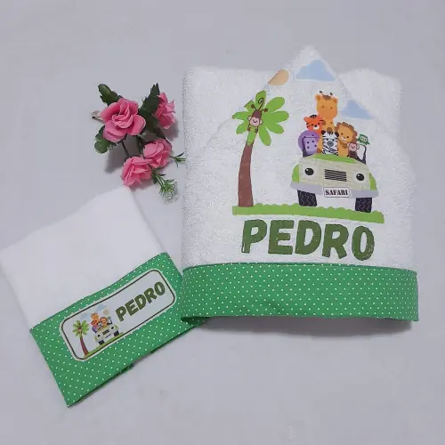 Toalha de banho com capuz para bebê e babita Safari Verde