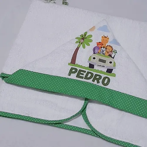 Toalha de banho com capuz para bebê e babita Safari Verde