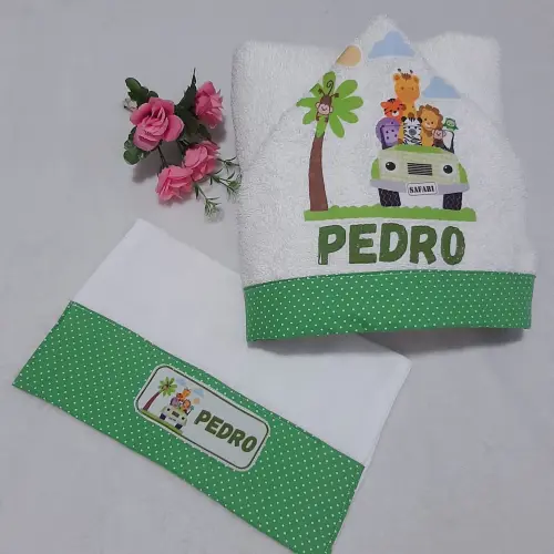Toalha de banho com capuz para bebê e babita Safari Verde