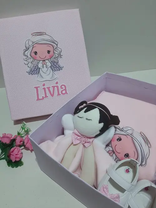 Caixa Presente Personalizada Bebê Anjo - manta, sapatinho e nani