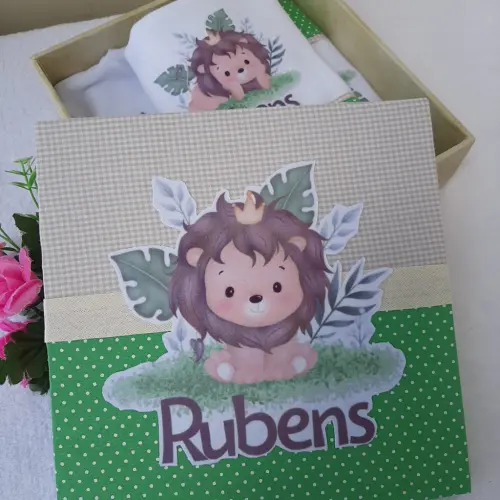 Caixinha Presente Bebê Personalizada - Body e babita Leãozinho