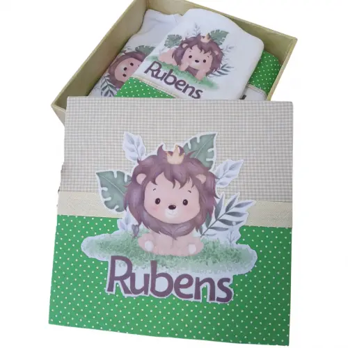 Caixinha Presente Bebê Personalizada - Body e babita Leãozinho