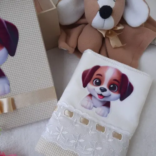 Caixinha Presente Bebê - Naninha Cachorrinho Fofo - Cor Neutra