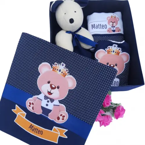 Caixinha Presente Bebê - Personalizada - Naninha urso, babeiro e babita