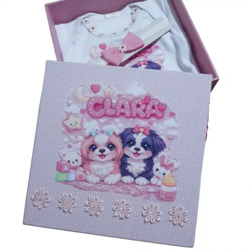 Caixinha Personalizada Presente Bebê Cachorrinho Fofo - Body e Laço de Cabelo