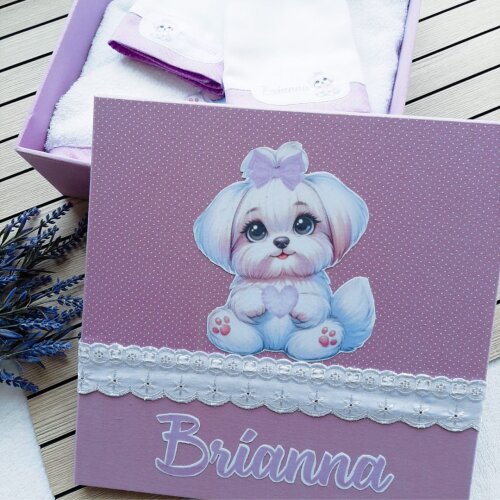 Kit para Bebê Personalizado – Toalha de Banho, Babitas e Caixa Presenteável - Cachorrinho