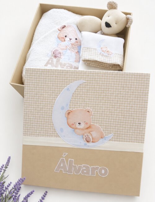 Kit Presente Bebê Personalizado - Toalha de Banho, Babitas, Naninha, Body e Caixa Exclusiva - Tema Ursinho Dorminhoco